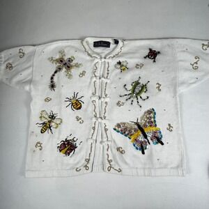 Belle Pointe Womens White Beaded Insect Butterfly Cardigan Sweater L
